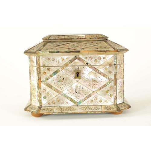 483 - A GOOD 19TH CENTURY MOTHER-OF PEARL INLAID TEA CADDY with contrasting panelled floral and bird inlay... 