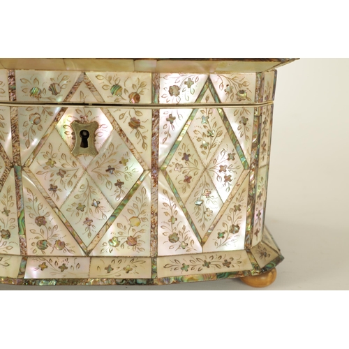 484 - A GOOD 19TH CENTURY MOTHER-OF-PEARL INLAID TEA CADDY the angled lozenge panelled front with contrast... 