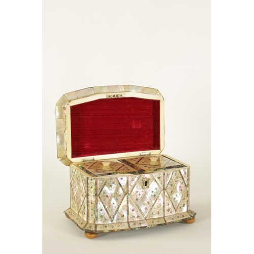 484 - A GOOD 19TH CENTURY MOTHER-OF-PEARL INLAID TEA CADDY the angled lozenge panelled front with contrast... 