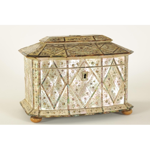 484 - A GOOD 19TH CENTURY MOTHER-OF-PEARL INLAID TEA CADDY the angled lozenge panelled front with contrast... 