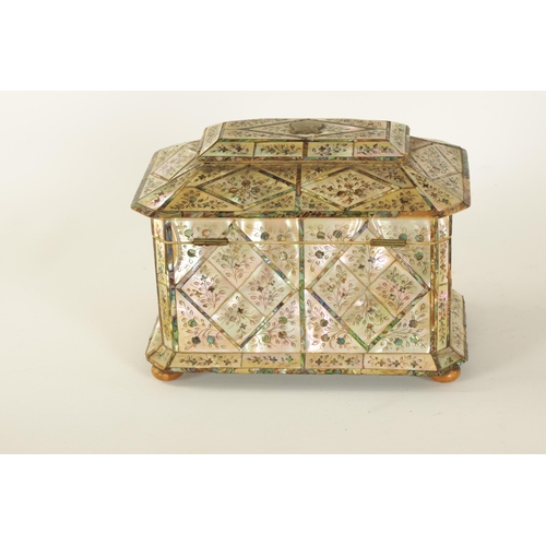 484 - A GOOD 19TH CENTURY MOTHER-OF-PEARL INLAID TEA CADDY the angled lozenge panelled front with contrast... 