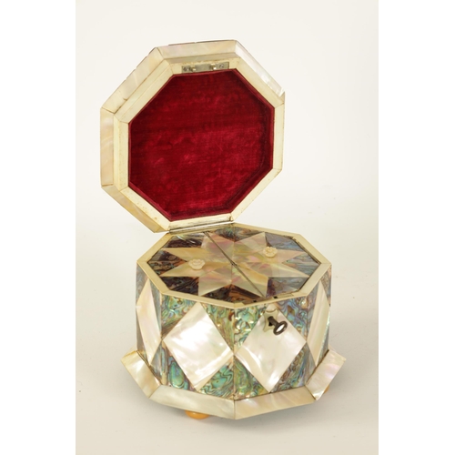 485 - A GOOD 19TH CENTURY OCTAGONAL MOTHER OF PEARL TEA CADDY with segmented contrasting decoration, the s... 