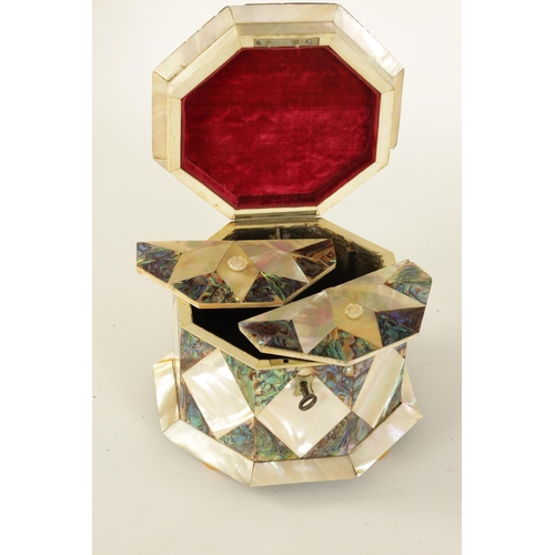 485 - A GOOD 19TH CENTURY OCTAGONAL MOTHER OF PEARL TEA CADDY with segmented contrasting decoration, the s... 