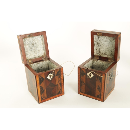 486 - A PAIR OF LATE GEORGE III SPECIMEN WOOD TEA CADDIES of rectangular form veneered with various exotic... 