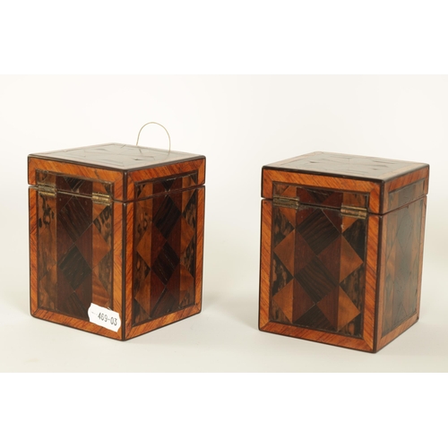 486 - A PAIR OF LATE GEORGE III SPECIMEN WOOD TEA CADDIES of rectangular form veneered with various exotic... 