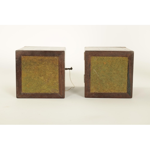 486 - A PAIR OF LATE GEORGE III SPECIMEN WOOD TEA CADDIES of rectangular form veneered with various exotic... 