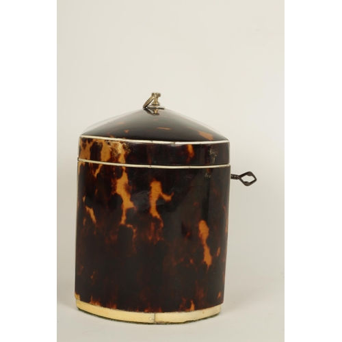 487 - AN UNUSUAL GEORGE III BOW-SIDED TORTOISESHELL AND IVORY STRUNG TEA CADDY with shaped hinged lid fitt... 