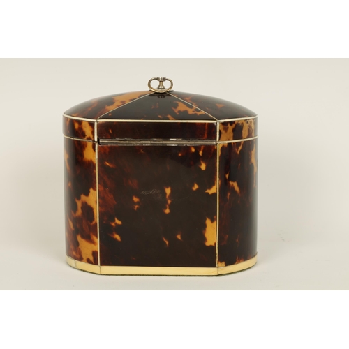 487 - AN UNUSUAL GEORGE III BOW-SIDED TORTOISESHELL AND IVORY STRUNG TEA CADDY with shaped hinged lid fitt... 