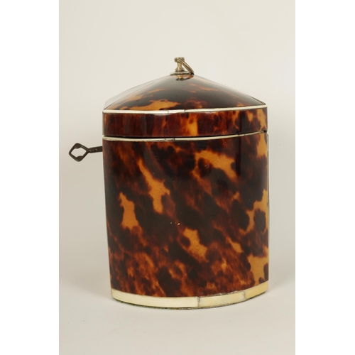 487 - AN UNUSUAL GEORGE III BOW-SIDED TORTOISESHELL AND IVORY STRUNG TEA CADDY with shaped hinged lid fitt... 