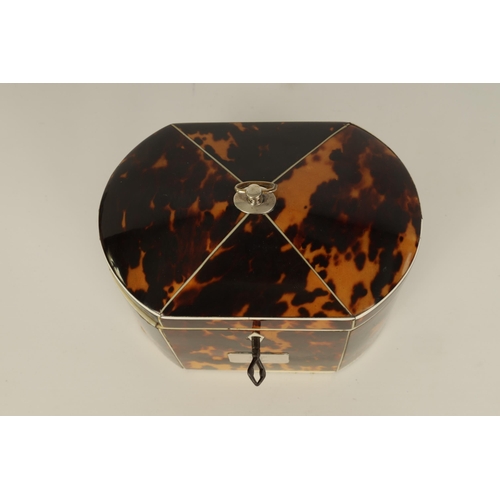 487 - AN UNUSUAL GEORGE III BOW-SIDED TORTOISESHELL AND IVORY STRUNG TEA CADDY with shaped hinged lid fitt... 