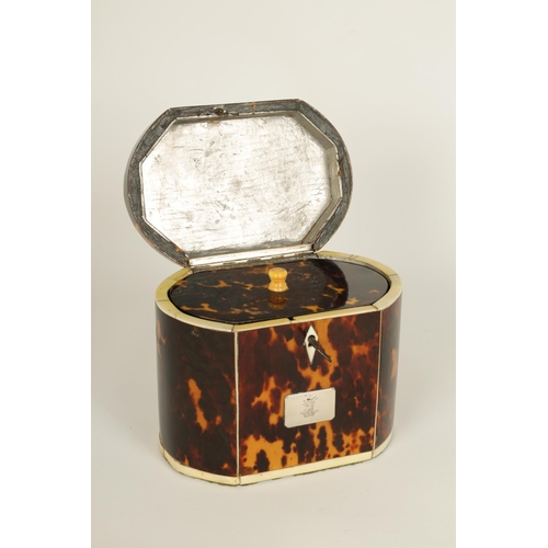 487 - AN UNUSUAL GEORGE III BOW-SIDED TORTOISESHELL AND IVORY STRUNG TEA CADDY with shaped hinged lid fitt... 