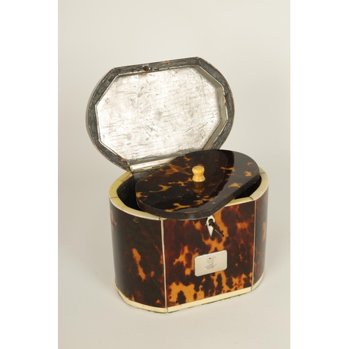 487 - AN UNUSUAL GEORGE III BOW-SIDED TORTOISESHELL AND IVORY STRUNG TEA CADDY with shaped hinged lid fitt... 