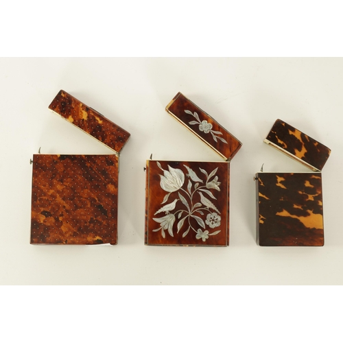 499 - A COLLECTION OF THREE 19TH CENTURY TORTOISESHELL CARD CASES one of plain form, another inlaid with f... 