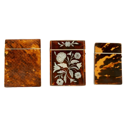 499 - A COLLECTION OF THREE 19TH CENTURY TORTOISESHELL CARD CASES one of plain form, another inlaid with f... 