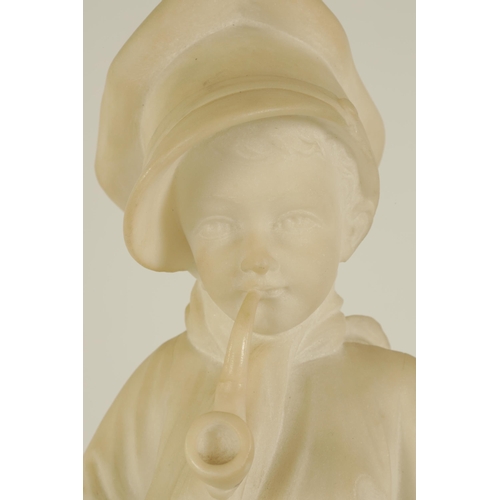 503 - A 19TH CENTURY CARVED CARRARA MARBLE SCULPTURE modelled as a young boy in waders, wearing a cap and ... 