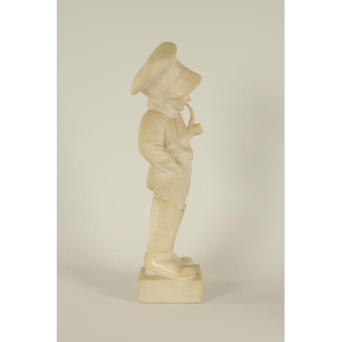 503 - A 19TH CENTURY CARVED CARRARA MARBLE SCULPTURE modelled as a young boy in waders, wearing a cap and ... 