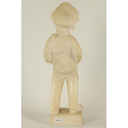 503 - A 19TH CENTURY CARVED CARRARA MARBLE SCULPTURE modelled as a young boy in waders, wearing a cap and ... 