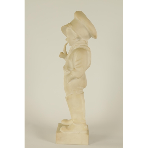 503 - A 19TH CENTURY CARVED CARRARA MARBLE SCULPTURE modelled as a young boy in waders, wearing a cap and ... 