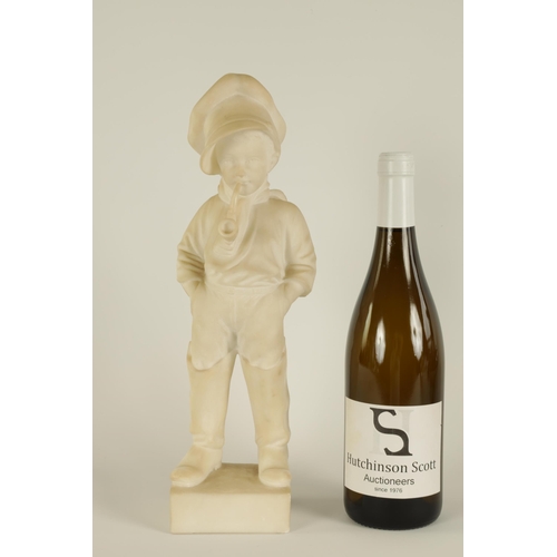 503 - A 19TH CENTURY CARVED CARRARA MARBLE SCULPTURE modelled as a young boy in waders, wearing a cap and ... 