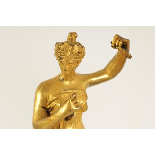 513 - A PAIR OF 19TH CENTURY FIGURAL GILT BRONZE SCULPTURES modelled as classical maidens playing symbols ... 