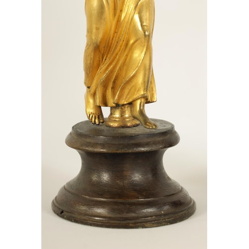 513 - A PAIR OF 19TH CENTURY FIGURAL GILT BRONZE SCULPTURES modelled as classical maidens playing symbols ... 