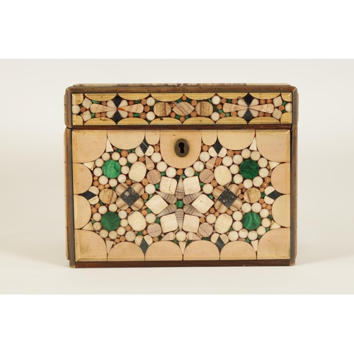 521 - A 19TH CENTURY CONTINENTAL PIETRA DURA INLAID BOX with geometrically inlaid agate and malachite pane... 