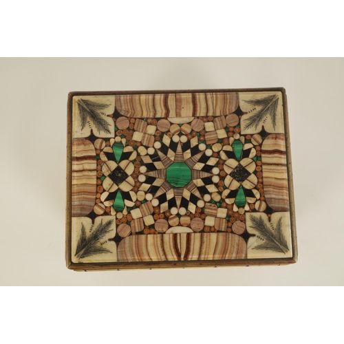 521 - A 19TH CENTURY CONTINENTAL PIETRA DURA INLAID BOX with geometrically inlaid agate and malachite pane... 