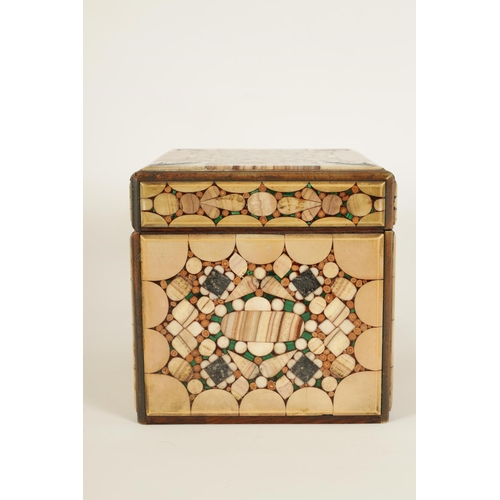 521 - A 19TH CENTURY CONTINENTAL PIETRA DURA INLAID BOX with geometrically inlaid agate and malachite pane... 