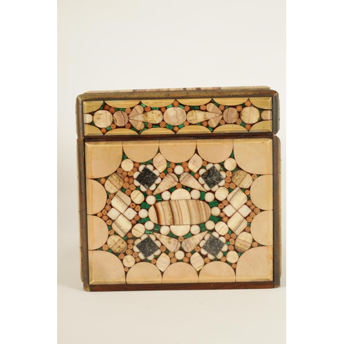 521 - A 19TH CENTURY CONTINENTAL PIETRA DURA INLAID BOX with geometrically inlaid agate and malachite pane... 