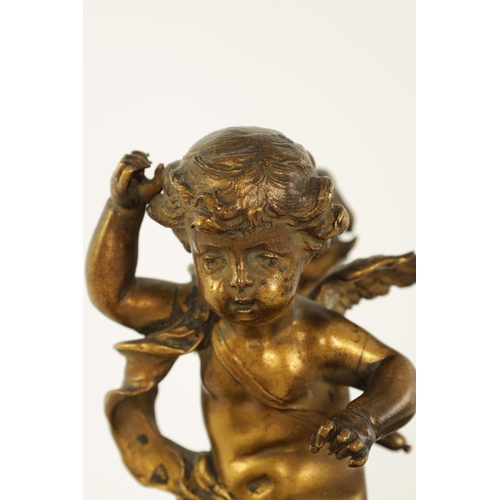 523 - A 19TH CENTURY FRENCH GILT BRONZE SCULPTURE depicting a winged cherub and chariot being drawn by a b... 