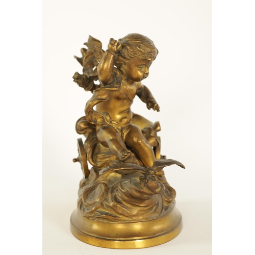 523 - A 19TH CENTURY FRENCH GILT BRONZE SCULPTURE depicting a winged cherub and chariot being drawn by a b... 