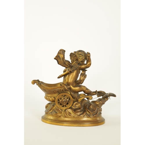 523 - A 19TH CENTURY FRENCH GILT BRONZE SCULPTURE depicting a winged cherub and chariot being drawn by a b... 