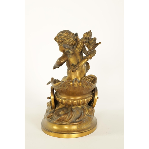 523 - A 19TH CENTURY FRENCH GILT BRONZE SCULPTURE depicting a winged cherub and chariot being drawn by a b... 