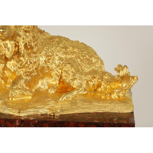 524 - A 19TH CENTURY GILT METAL AND ROUGE VEINED MARBLE SCULPTURE depicting a reclining dog, mounted on a ... 