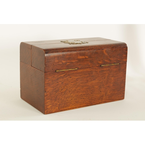 525 - A 19TH CENTURY OAK HABERDASHERY BOX retailed by F. ALDIS 11 BELGRAVE MANSIONS numbered Rd. 52066/889... 