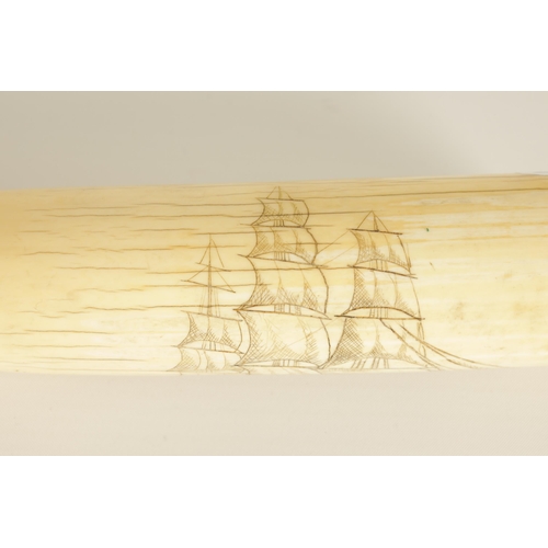 528 - A LARGE EARLY 19TH CENTURY WHALE'S TOOTH SCRIMSHAW with engraved decoration depicting a three-masted... 