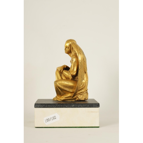 530 - A LATE 19TH CENTURY FRENCH GILT BRONZE SCULPTURE depicting a crouching winged angel, mounted on a la... 