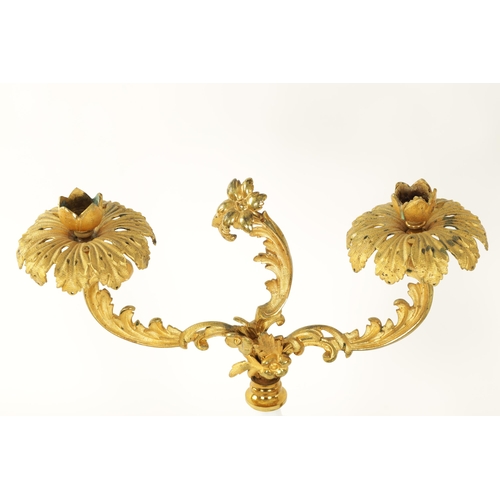 532 - A PAIR OF 19TH CENTURY TWO BRANCH ORMOLU AND OPAQUE GLASS CANDELABRA with leaf cast branchwork arms ... 