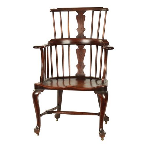 1001 - A GEORGE II MAHOGANY COMB BACK WINDSOR CHAIR with bowed spindle back and vase-shaped centre splat, h... 