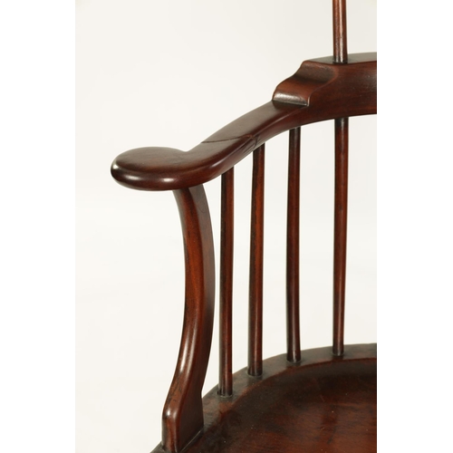 1001 - A GEORGE II MAHOGANY COMB BACK WINDSOR CHAIR with bowed spindle back and vase-shaped centre splat, h... 