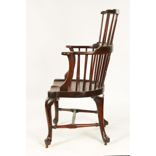 1001 - A GEORGE II MAHOGANY COMB BACK WINDSOR CHAIR with bowed spindle back and vase-shaped centre splat, h... 