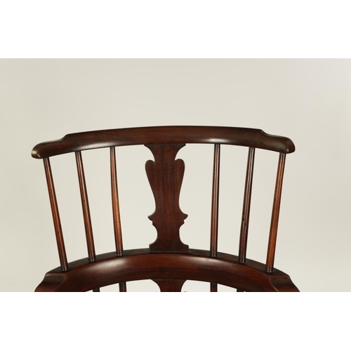 1001 - A GEORGE II MAHOGANY COMB BACK WINDSOR CHAIR with bowed spindle back and vase-shaped centre splat, h... 