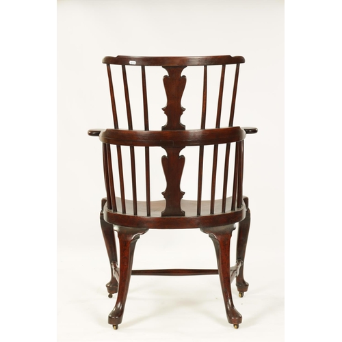 1001 - A GEORGE II MAHOGANY COMB BACK WINDSOR CHAIR with bowed spindle back and vase-shaped centre splat, h... 