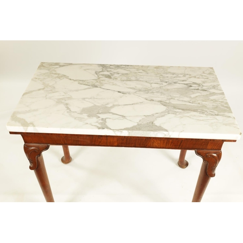 1002 - A GEORGE II WALNUT CONSOLE TABLE the veined Carrera marble top above a rounded short-grained freize ... 