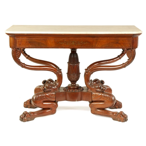 1003 - A STYLISH REGENCY BRASS INLAID MAHOGANY SIDE TABLE with white marble top above a frieze drawer inlai... 