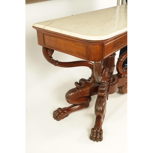 1003 - A STYLISH REGENCY BRASS INLAID MAHOGANY SIDE TABLE with white marble top above a frieze drawer inlai... 