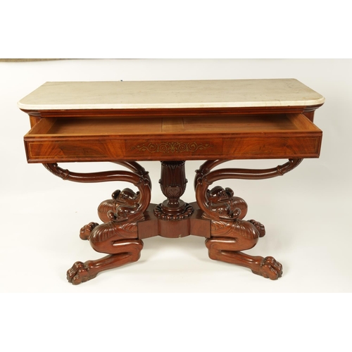 1003 - A STYLISH REGENCY BRASS INLAID MAHOGANY SIDE TABLE with white marble top above a frieze drawer inlai... 