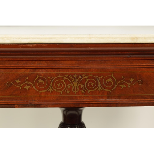 1003 - A STYLISH REGENCY BRASS INLAID MAHOGANY SIDE TABLE with white marble top above a frieze drawer inlai... 