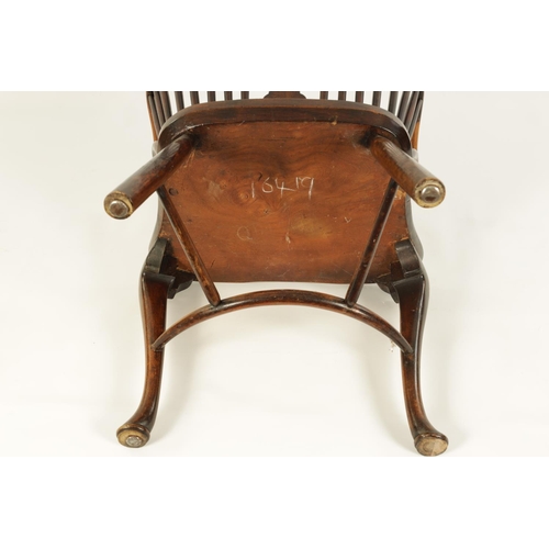 993 - AN 18TH CENTURY ASH AND ELM CABRIOLE LEG WINDSOR CHAIR with hoop back enclosing a full length pierce... 