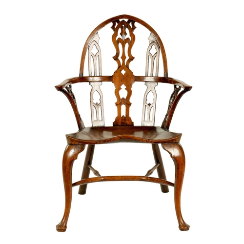 994 - AN 18TH CENTURY STYLE GOTHIC REVIVAL YEW WOOD ‘STRAWBERRY HILL’ DESIGN WINDSOR ARMCHAIR with arched ... 